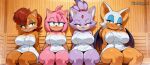 4girls ai_generated amy_rose bare_thighs bat bat_ears bat_wings big_breasts blaze_the_cat brown_eyes brown_hair cat_ears cat_girl cat_tail chipmunk fur furry furry_female gigantic_breasts green_eyes grin hedgehog huge_breasts huge_thighs jscammie looking_at_viewer massive_breasts mobian_(species) pink_fur purple_fur rouge_the_bat sally_acorn sauna sega sonic_the_hedgehog_(series) thick_body thick_female thick_thighs thighs towel towel_only