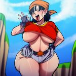  1girl bandanna big_breasts black_eyes black_hair blackwhiplash cloudy_sky cropped_shirt denim dragon_ball_gt fellatio_gesture female_focus gloves hips inviting_to_suck jean_shorts jeans looking_at_viewer naughty_face navel pan_(dragon_ball) pan_(dragon_ball_gt) shirt tongue_out younger_female 