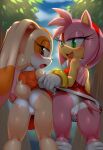  2girls amy_rose anthro ass blush cream_the_rabbit forest furry furry_female green_eyes looking_back orange_eyes panties sega skirt_lift sonic_(series) sonic_the_hedgehog_(series) underwear white_panties wimoos 