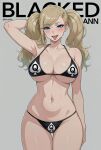  1girl ann_takamaki anne_takamaki basicallynomore big_breasts bikini black_bikini blacked blonde_hair blue_eyes blush breasts female female_only hand_behind_head persona persona_5 persona_5_royal pigtails qos qos_clothing queen_of_spades queen_of_spades_symbol snowbunny takamaki_ann takamaki_anne teen teenage_girl teenager tongue tongue_out 