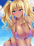 1girl :o bare_shoulders bikini blonde_hair blue_eyes blush breasts cleavage cloud dark_skin day earrings female gyaru hair_bobbles hair_ornament huge_breasts jewelry kogal long_hair looking_at_viewer megane_man necklace ocean original outdoors pink_bikini shiny shiny_skin side-tie_bikini skindentation solo swimsuit tan twintails water