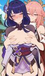  1girl 2026 2_girls ai_generated big_breasts blush blush blushing_profusely braided_ponytail breasts_exposed breasts_out earring female_on_female genshin_impact groping groping_breasts groping_from_behind groping_in_public hair_ornament outside pink_hair pixai public purple_hair raiden_shogun shy smirk smirking smirking_at_partner superdomfuta top_pulled_down uncensored yae_miko_(genshin_impact) yuri 