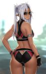  1girl armband ass bangs bare_shoulders black_gloves blurry blurry_background closed_mouth cowboy_shot dark-skinned_white-haired dark_elf dark_skin depth_of_field elf fingerless_gloves from_behind gloves hand_on_hip high_resolution houtengeki light_smile long_hair looking_at_viewer looking_back original outside parted_bangs pointed_ears sidelocks silver_hair single_glove sportswear standing sunglasses tied_hair twin_tails white_hair wristband 