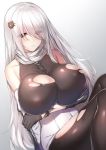 1girl arms_under_breasts bare_shoulders bear_hair_ornament big_breasts black_gloves black_legwear black_skirt breasts covered_nipples eyes_visible_through_hair girls_frontline gloves hair_ornament hair_over_one_eye hairclip huge_breasts jacket long_hair looking_at_viewer minamon_(vittel221) pantyhose pk_(girls_frontline) red_eyes scarf silver_hair sitting torn_clothes torn_pantyhose very_long_hair white_jacket white_scarf white_skirt