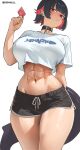  1girl big_breasts black_hair bubble_butt cleavage condom cromwellb ellen_joe horny inviting_to_sex looking_at_viewer pose red_eyes standing teasing thick_thighs zenless_zone_zero 
