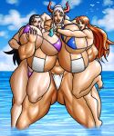 3_girls black_hair earrings gigantic_ass gigantic_breasts horns nami nami_(one_piece) negoto_(nego6) nico_robin ocean one_piece orange_hair size_difference yamato_(one_piece)