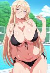 1girl ai_generated azur_lane big_breasts bikini bismarck_(azur_lane) black_bikini blonde_hair blue_eyes blush breasts cleavage female_only long_hair outdoor_pool outside pool poolside pulling_bikini_string smile solo_female vegaforge