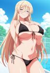 1girl ai_generated arm_behind_back azur_lane big_breasts bikini bismarck_(azur_lane) black_bikini blonde_hair blue_eyes blush breasts cleavage female_only hand_on_chest hand_on_own_chest long_hair outdoor_pool outside pool poolside smile solo_female vegaforge