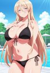 1girl ai_generated arm_behind_back azur_lane big_breasts bikini bismarck_(azur_lane) black_bikini blonde_hair blue_eyes blush breasts cleavage female_only hand_on_chest hand_on_own_chest long_hair outdoor_pool outside pool poolside smile solo_female vegaforge
