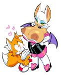 1boy 1girl alternate_hairstyle anthro bat bedroom_eyes big_breasts big_penis blush breasts breasts_bigger_than_head clothed clothing cub erection eulipotyphlan female fox genitals heart_symbol hedgehog high_res huge_breasts looking_at_another looking_at_viewer male mammal miles_"tails"_prower narrowed_eyes nipples penis rouge_the_bat seductive sega sonic_the_hedgehog_(series) tails_the_fox theguywhodrawsalot top_heavy topless vein veiny_penis young younger_male
