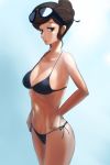  beauty_(pokemon) blue_background cleavage glasses glasses_on_head hands_on_hips kurorekishiman looking_at_viewer navel pokemon pokemon_(game) pokemon_xy side-tie_bikini 