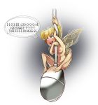  1girl barefoot blonde_hair blue_eyes blush breasts disney disney_fairies english_text long_hair mouse nipples nude open_mouth peter_pan simple_background speech_bubble talk text tinker_bell wings 