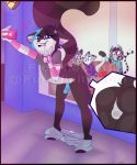 <3 absurd_res anthro arm_warmers armwear bengt black_hair blue_eyes blush clothed clothing coloured_hair crossdressing distracting_watermark ear_piercing feline floofflebutt furry girly hair high_res mammal phone piercing raccoon watermark