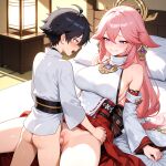  1boy 1girl ai_generated bare_shoulders big_breasts blush breasts clothed clothed_sex detached_sleeves earrings fox_ears fox_girl genshin_impact hair_accessory hair_ornament hands_on_hips head_accessory head_ornament in_bed japanese_bedroom legs_spread long_hair missionary_position penis_in_pussy pink_hair purple_eyes sex smile vaginal_penetration yae_miko yae_miko_(genshin_impact) 