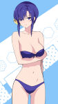  1girl 1girl arm_under_breasts bare_arms bare_shoulders bikini blue_background blue_bikini blue_eyes blue_hair cait_aron closed_mouth collarbone earrings fire_emblem fire_emblem:_the_blazing_blade flower front-tie_bikini_top front-tie_top gluteal_fold groin hair_flower hair_ornament hair_over_one_eye high_res hoop_earrings intelligent_systems jewelry long_hair medium_breasts navel nintendo smile stomach swimsuit thighs two-tone_background ursula_(fire_emblem:_the_blazing_blade) white_background yellow_flower 