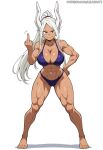 ai_generated athletic_female bare_thighs bikini boku_no_hero_academia dark-skinned_female dark_skin gigantic_breasts grin huge_breasts huge_thighs lilabratt long_hair looking_at_viewer massive_breasts middle_finger miruko muscular_female my_hero_academia ponytail rabbit_ears red_eyes rumi_usagiyama solo_female squatting sweat sweatdrop thick_body thick_female thick_thighs thighs voluptuous voluptuous_female white_hair