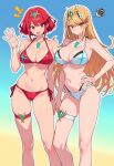 2_girls alluring bangs bare_shoulders big_breasts bikini blonde_hair blush chest_jewel cleavage collarbone dual_persona earrings gem headpiece jewelry long_hair looking_at_viewer multiple_girls mythra_(xenoblade) navel nightcore_(artist) open_mouth pose pyra_(xenoblade) red_eyes red_hair short_hair sidelocks simple_background smile swept_bangs swimsuit thigh_strap tiara xenoblade_(series) yellow_eyes