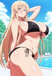  1girl ai_generated azur_lane big_breasts bikini bismarck_(azur_lane) black_bikini blonde_hair blue_eyes blush breasts cleavage female_only hand_behind_head long_hair outdoor_pool outside pool poolside smile solo_female vegaforge 