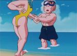 anime ass beach breasts cleavage dragon_ball dragon_ball_z gif goggles krillin maron ocean pulling swimsuit water