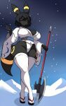 1girl axe big_ass big_breasts black_fur black_hair black_skin kimono lingerie long_ears posing seductive sexy shoes short_hair snow tail thick_ass thick_legs thighs umbreon xdragoncam