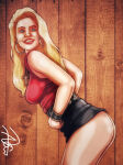 artist_name artist_signature ass bending_forward big_breasts blonde_hair blue_eyes bracelet breasts bronxboy79 cross_necklace earrings kelly_bundy looking_at_another looking_back married_with_children miniskirt necklace studded_belt tank_top wood_wall