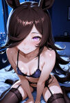 ai_generated artist_request bare_thighs blush brown_hair grin hair_over_one_eye horse_ears horse_girl horse_tail huge_thighs light-skinned_female light_skin lingerie long_hair looking_at_viewer oiled_body oiled_skin purple_eyes rice_shower_(umamusume) small_breasts solo_female squatting sweat sweatdrop thick_body thick_female thick_thighs thighs umamusume umamusume_pretty_derby voluptuous voluptuous_female