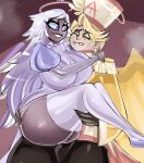  2angels abel_(hazbin_hotel) amazon_prime angel angel_boy angel_girl angel_wings bitterbunz emily_(hazbin_hotel) hazbin_hotel hazbin_hotel_(season_2) hellaverse holding holding_partner holding_up holding_up_female holding_up_other_character holding_up_partner seraphim seraphim_angel spindlehorse_toons thick thick_legs thick_thighs twitter vivienne_medrano vivziepop 