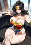  1boy1girl 1girl ai_generated curvy curvy_female curvy_figure dc_comics long_hair sitting superhero_costume superheroine wonder_woman 