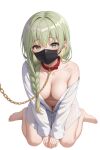 1girl ai-generated ai_assisted ai_generated braid breasts chained collar female_focus green_eyes green_hair kneel looking_at_viewer mask navel open_jacket original original_character simple_background transparent_background