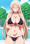 1girl ai_generated azur_lane big_breasts bikini bismarck_(azur_lane) black_bikini blonde_hair blue_eyes blush breasts cleavage female_only long_hair outdoor_pool outside pool poolside smile solo_female vegaforge