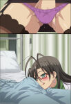 1boy 1girl ai_generated black_hair bulge bulge_through_clothing female_masturbation fingering glasses green_eyes grin hasegawa_chisato horny imminent_sex light-skinned_female light_skin long_hair mature_female milf panties pervert pussy_juice pussy_juice_drip shinmai_maou_no_testament squirting tongue_out voluptuous voluptuous_female