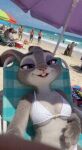1girl 3d_(artwork) 3d_animation ai-generated ai_assisted ai_generated anthro beach bikini_top_lift bouncing_breasts breasts bunny_girl disney female_focus furry furry_female gray_fur judy_hopps looking_at_viewer medium_breasts micro_bikini navel nipples nitrogencalido on_heat purple_eyes realistic sitting yiff younger_female zootopia