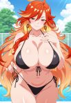 1girl ai_generated big_breasts bikini black_bikini blush breasts cleavage earrings female_only genshin_impact hand_on_chest hand_on_own_chest long_hair mavuika_(genshin_impact) orange_eyes orange_hair outdoor_pool outside pool poolside pulling_bikini_string smile solo_female vegaforge