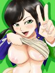 1girl alluring big_breasts black_hair green_eyes hammie_(uchuu_sentai_kyuuranger) hot kunoichi sexy shirt_lift super_sentai trop uchuu_sentai_kyuuranger v vest voluptuous