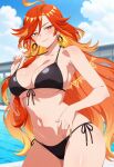 1girl ai_generated big_breasts bikini black_bikini blush breasts cleavage earrings female_only genshin_impact hand_on_hip hand_on_own_hip long_hair mavuika_(genshin_impact) orange_eyes orange_hair outdoor_pool outside pool poolside pulling_bikini_string smile solo_female vegaforge
