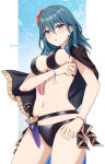  1girl 1girl :o arm_under_breasts armpits bare_arms bikini black_bikini black_cape blue_background blue_eyes breast_press breasts byleth_(fire_emblem) byleth_(fire_emblem)_(female) byleth_(summer)_(fire_emblem)_(female) cape cowboy_shot fire_emblem fire_emblem:_three_houses fire_emblem_heroes flower gluteal_fold hair_flower hair_ornament hibiscus high_res komurice medium_breasts medium_hair navel nintendo official_alternate_costume pillarboxed red_flower sideboob stomach swimsuit teal_hair thighs twitter_username 