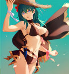 1girl aqua_background arm_up armpits bare_arms big_breasts bikini black_bikini black_cape blue_eyes byleth_(fire_emblem) byleth_(fire_emblem)_(female) byleth_(summer)_(fire_emblem)_(female) cape cleavage commentary_request fire_emblem fire_emblem:_three_houses fire_emblem_heroes flower full_cleavage hair_flower hair_ornament hibiscus high_res intelligent_systems looking_at_viewer medium_hair navel nintendo official_alternate_costume red_flower sb_(sbixinsky) sideboob smile stomach swimsuit teal_hair thighs