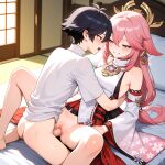  1boy 1girl ai_generated bare_shoulders blush breasts clothed clothed_sex detached_sleeves earrings fox_ears fox_girl genshin_impact hair_accessory hair_ornament half-closed_eyes head_accessory head_ornament in_bed japanese_bedroom legs_spread long_hair medium_breasts missionary_position penis_in_pussy pink_hair purple_eyes sex smile vaginal_penetration yae_miko yae_miko_(genshin_impact) 
