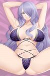 1girl alluring arms_behind_head aslind_samure aslindsamure bare_shoulders big_breasts blush bra cameltoe camilla_(fire_emblem) choker cleavage collarbone female_focus fire_emblem fire_emblem_fates fire_emblem_heroes fire_emblem_warriors hair_over_one_eye high_res highleg highleg_panties intelligent_systems leaning_back long_hair looking_at_viewer lying midriff navel nintendo on_back panties parted_lips purple_bra purple_eyes purple_hair purple_panties sitting smile spread_legs thighs underwear very_long_hair wavy_hair