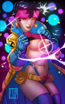 asian asian_female belt big_breasts black_hair breasts brown_eyes convenient_censoring earrings fishnet_stockings gloves jacket jubilation_lee jubilee looking_at_viewer marvel moistogre nude panties pouch shirt shirt_lift stockings stockings sunglasses sunglasses_on_head x-men