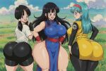  3_girls adult adult_female ai_generated ass big_ass big_breasts black_eyes black_hair blue_eyes blue_hair breasts bulma_(dragon_ball_z) bulma_brief bulma_briefs_(frieza_saga) cheongsam chichi chichi_(dragon_ball) chichi_(dragon_ball_z) china_dress chinese_clothes daylight dragon_ball dragon_ball_(classic) dragon_ball_z female_only jumpsuit long_hair milf outside pigtails qipao shorts shounen_jump t-shirt teen teenage_girl time_paradox toei_animation videl videl_(dragon_ball_z) 