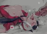  1boy 1girl bangs breasts closed_eyes clothing eyewear_on_head facial female_focus hairband heart helltaker hetero high_resolution justice_(helltaker) long_tongue lying male neck_tie nipples noah_(tettsui-sole) noaharbre on_back open_mouth penis red_hairband red_shirt semen semen_in_mouth semen_on_body semen_on_tongue shirt short_hair solo_focus speech_bubble spoken_heart sunglasses sunglasses_on_head text tongue tongue_out uncensored upper_body veins veiny_penis 