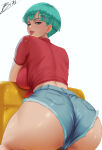  1girl bent_over big_breasts blue_eyes blue_hair brnn bubble_butt bulma bulma* bulma_(dragon_ball) bulma_(dragon_ball_super) bulma_(dragon_ball_z) bulma_brief bulma_briefs bulma_briefs_(buu_saga) bulma_briefs_(frieza_saga) cleavage doggy_position dragon_ball dragon_ball_super dragon_ball_z horny inviting_to_sex looking_at_viewer pose sitting teasing thick_thighs 
