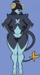 1girl big_ass big_breasts black_hair blue_skin feline long_ears long_hair luxray mature_female milf ponytail posing pubic_hair seductive seductive_pose sexy sketchybug tail thick_legs