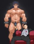 2026 2boys bruno_(pokemon) clothed_male daspurplesong fondling giovanni_(pokemon) human human_only male male_only muscular_male musky nintendo plai plain_background pokemon size_difference suit sweaty thong thong_only underwear_only