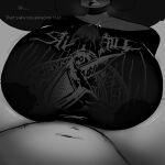  2025 afro big_breasts big_penis black_areola dark_skin digital_drawing_(artwork) digital_media digital_media_(artwork) freckles freckles_on_shoulders genderswap genderswap_(mtf) jayden_(fazzinart) monochrome paizuri paizuri_under_clothes precum precum_through_clothing t-shirt thrust_lines 