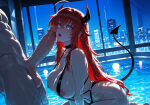 1boy1girl 1girl ai_generated cosplay curvy curvy_female curvy_figure devil_horns devil_tail erect_penis erection high_school_dxd horns night penis_awe pool rias_gremory sling_bikini swimsuit tail