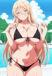 1girl ai_generated azur_lane big_breasts bikini bismarck_(azur_lane) black_bikini blonde_hair blue_eyes blush breasts cleavage female_only long_hair outdoor_pool outside pool poolside pulling_bikini_string smile solo_female vegaforge
