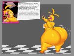  1girl 1girl animatronic anthro ass ass avian beakless big_ass big_ass bird blush blush_stickers braces chicken dialogue feitadenectar five_nights_at_freddy's five_nights_at_freddy's_2 galliform huge_ass huge_ass machine phasianid robot scottgames toy_chica_(fnaf) yellow_body 
