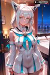 1girl 1girls 2025 ahoge ai_assisted ai_generated animal_ear_fluff animal_ears anime animeprds25 aqua_eyes artist_name bed big_breasts braid breasts closed_mouth covered_navel detached_sleeves fox_ears fox_girl high_quality high_res high_res high_resolution indoors lamp long_hair looking_at_viewer medium_breasts neckerchief night patreon_username shirakami_fubuki smile stable_diffusion virtual_youtuber watermark white_hair